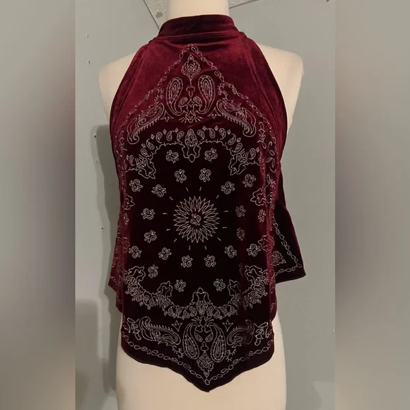 Free People Bandana Bling Velvet Tank XS Red Boho High Neck Festival Top - Picture 5 of 9
